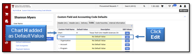 Chart H viewable under default value, Click the edit button