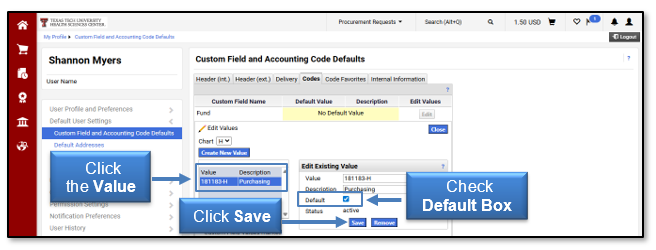 Click the Valuu, check the Default Box and click Save