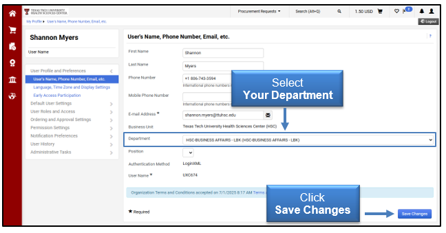 Select your department then click Save Changes button