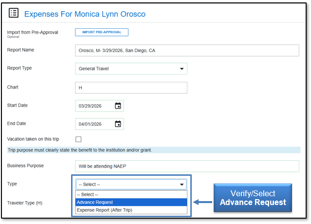 Image: Verify or Select Advance Request
