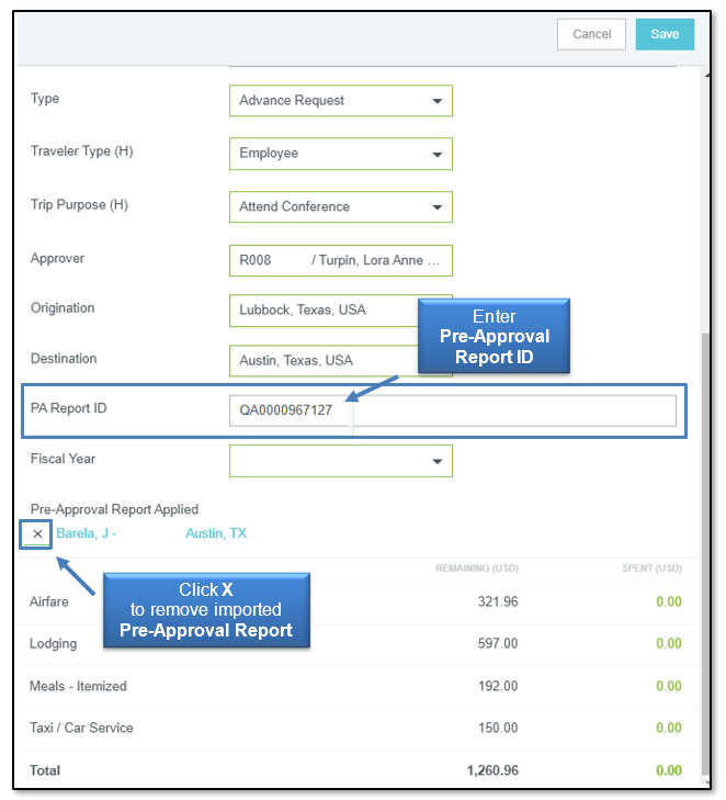 Image: Enter Pre-Approval Report ID and click the X to remove the Imported Pre-Approval Report