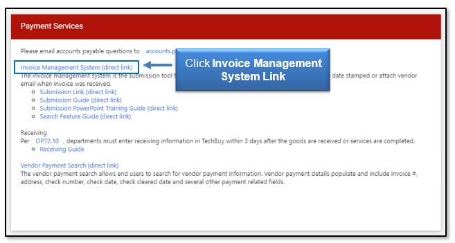 Image illustrating Invoice Management System link location.