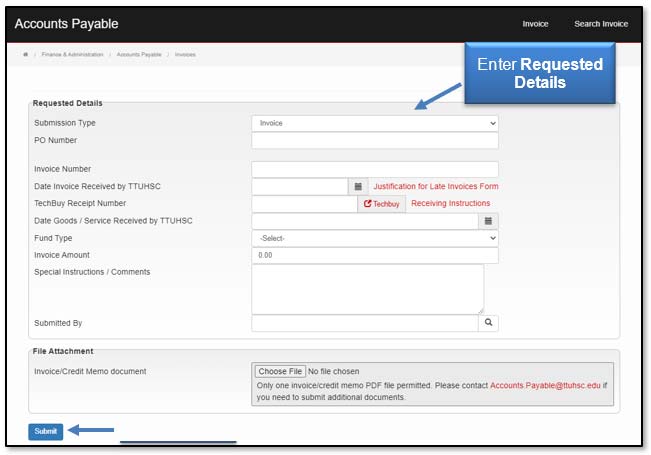 Image illustrating Requested Details form and Submit button.