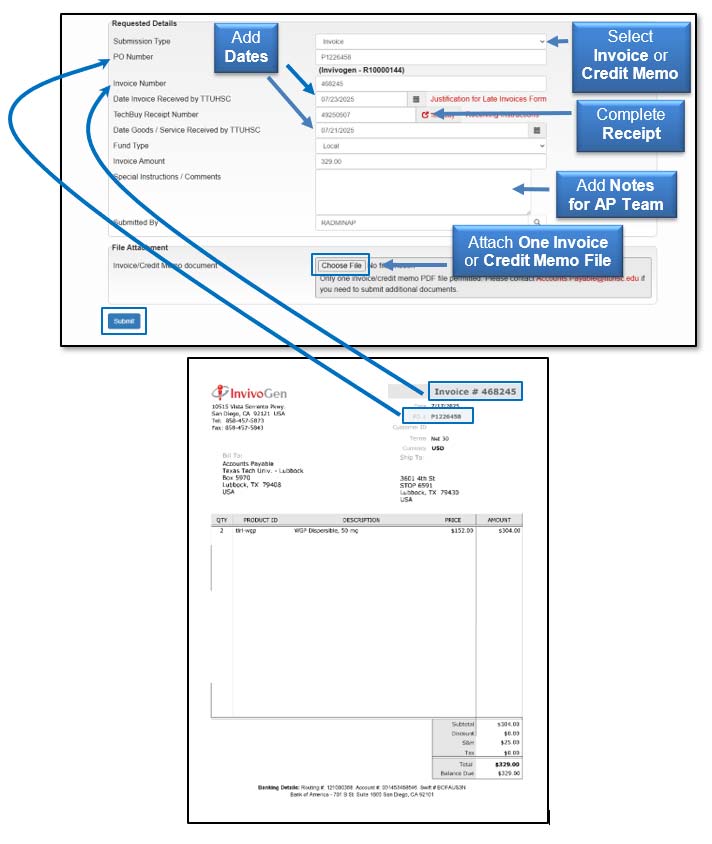 Image illustrating which Requested Details form fields match an invoice.