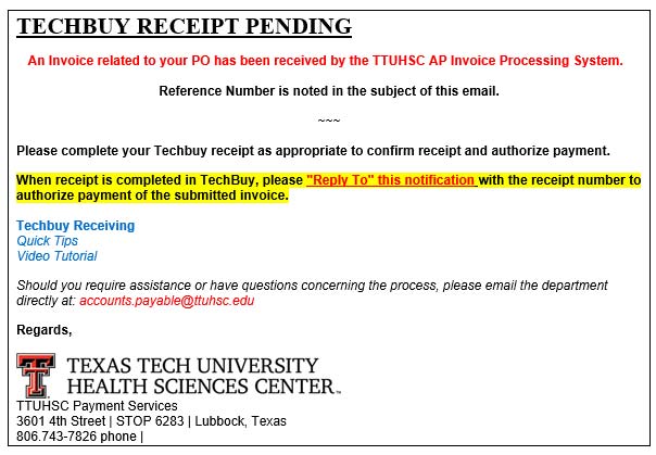 Image illustrating sample TechBuy Receipt Pending notification.