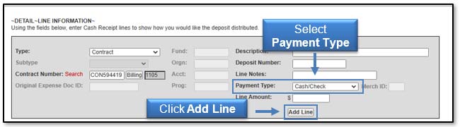 Image illustrating Payment Type dropdown and Add Line button.