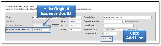 Image illustrating Original Expense Doc ID field and Add Line button.