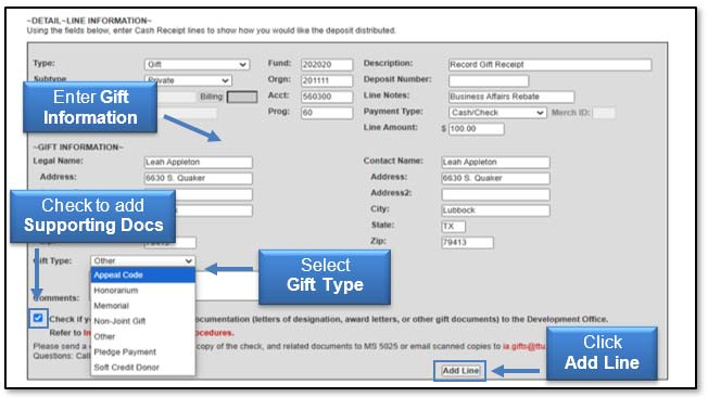 Image illustrating user interface for gift deposit.