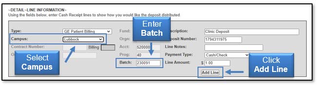 Image illustrating Campus dropdown, Batch field and Add Line button.