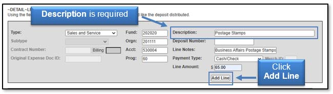 Image illustrating required Description field and Add Line button.