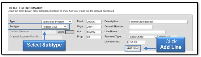 Image illustrating Subtype dropdown and Add Line button.