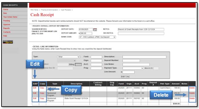 Image illustrating Edit, Copy and Delete links.