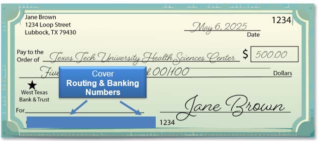 Image illustrating redaction of routing and banking numbers on a check.