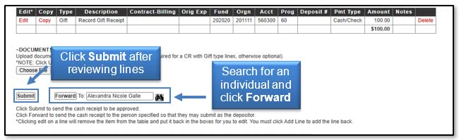 Image illustrating Submit button (for use after reviewing lines) and Forward search field and button.