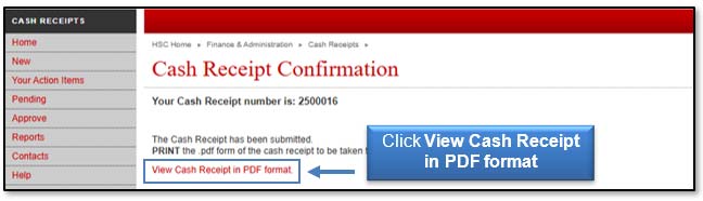 Image illustrating View Cash Receipt in PDF format link.