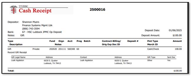 Image illustrating printed Cash Receipt.