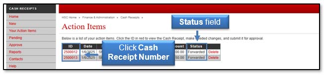 Image illustrating ID number links and Status field.