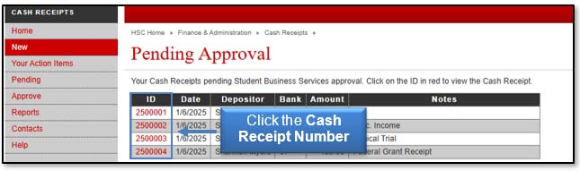 Image illustrating Cash Receipt ID number links.