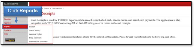 Image illustrating Reports link location and submenu.
