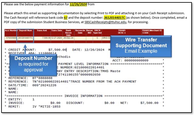 Image illustrating Wire Transfer Supporting Document email example. Deposit Number is required for approval.
