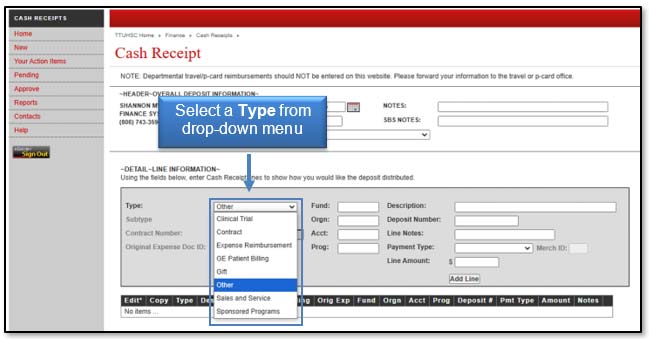 Image illustrating Deposit Type dropdown menu.