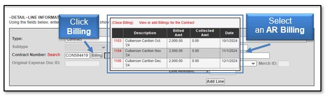 Image illustrating Billing button and AR Billing options.