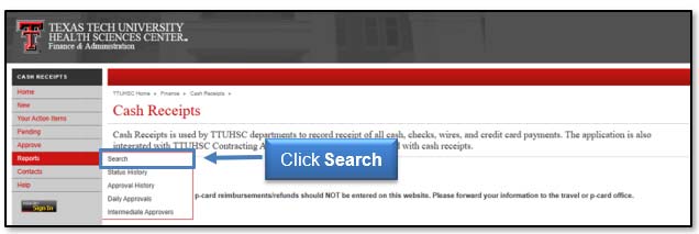 Image illustrating search link location in reports menu.