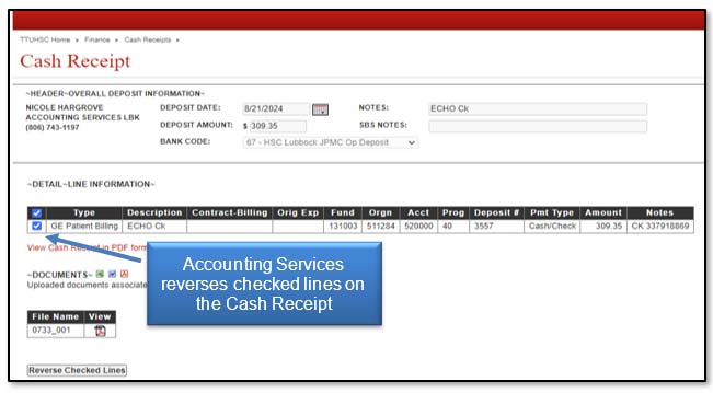 Image illustrating Accounting Services reverses checked lines on the cash receipt.
