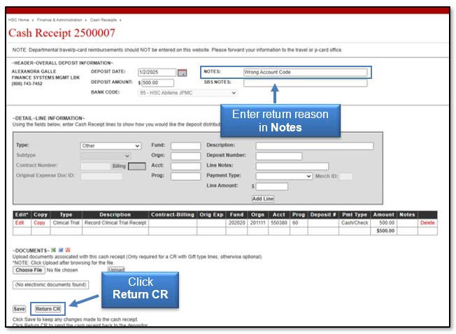Image illustrating notes field and return CR button.