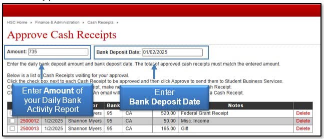 Image illustrating Amount and Bank Deposit Date fields.