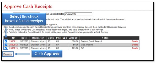 Image illustrating check box selection and approve button.