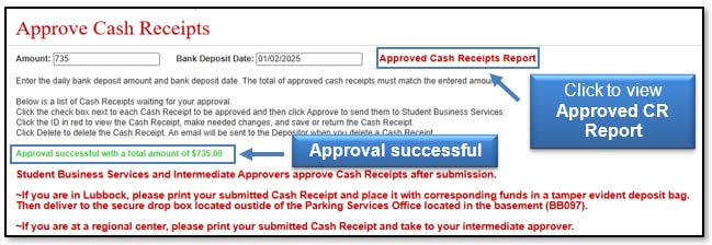 Image illustrating Approved CR Report link and successful approval notification.
