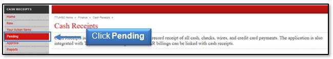 Image illustrating Pending cash receipts link location.