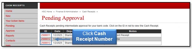 Image illustrating Pending Cash Receipt ID links.