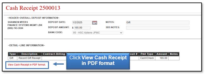 Image illustrating View Cash Receipt in PDF format link location.