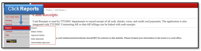 Image illustrating Reports link and submenu location.
