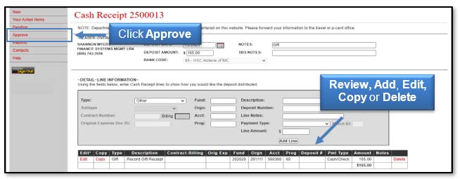 Image illustrating cash receipt display and review, add, edit, copy and delete link locations.
