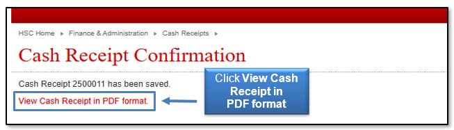 Image illustrating View Cash Receipt in PDF format link location.