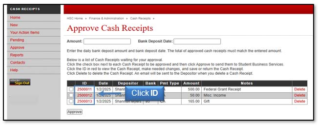 Image illustrating ID links for cash receipts.