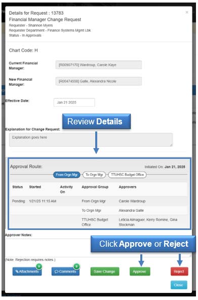 Image illustrating review details, Approve and Reject buttons.