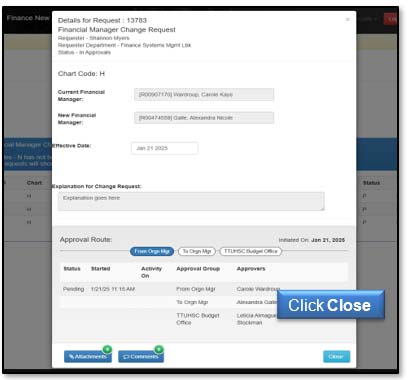 Image of details screen illustrating close button location.