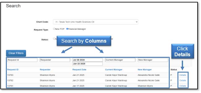 Image illustrating column filters interface and details link(s).