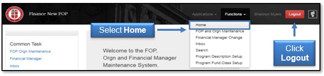 Image illustrating Home link and Logout button locations.