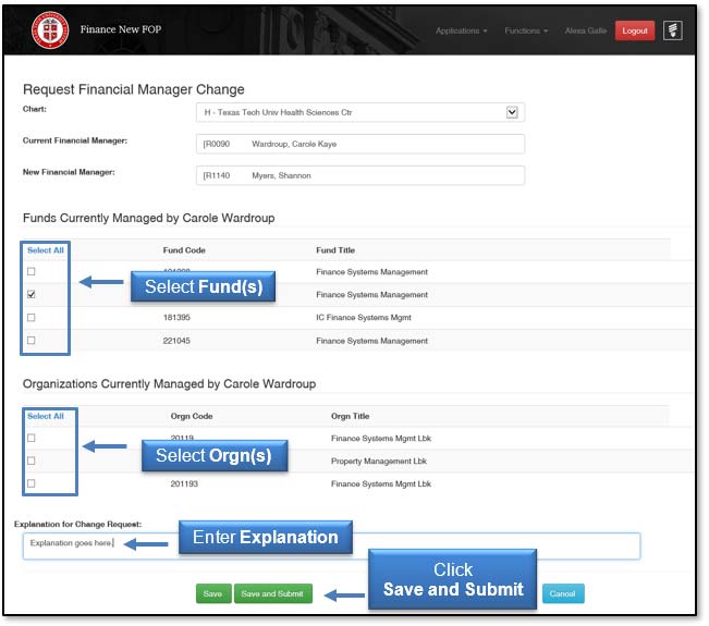 Image illustrating Request Financial Manager Change screen with Select Funds, Select ORGNs, enter explanation and Save and Submit highlighted.