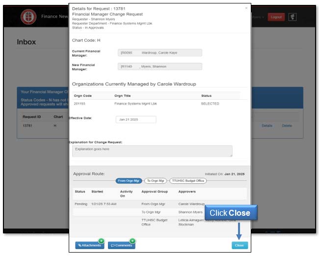 Image illustrating Details page with Close button highlighted.