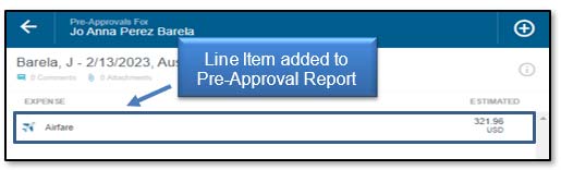 Image: Line Item added to Pre-Approval Report.