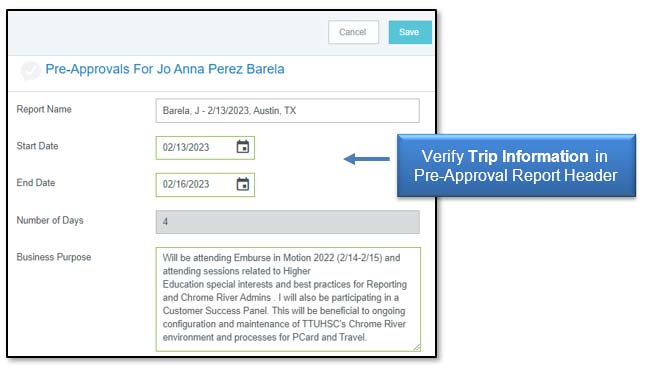 Image: Verify Trip Information in Pre-Approval Report Header.