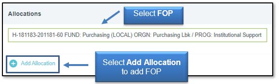 Image: Select FOP, Select Add Allocation to add FOP.
