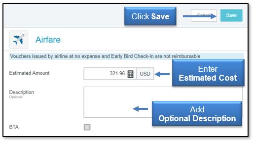 Image: Enter Estimated Cost, Add Optional Description, Click Save.