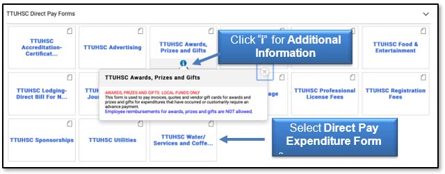 Image: Select Direct Pay Expenditure Form. Click 'i' for additional information.